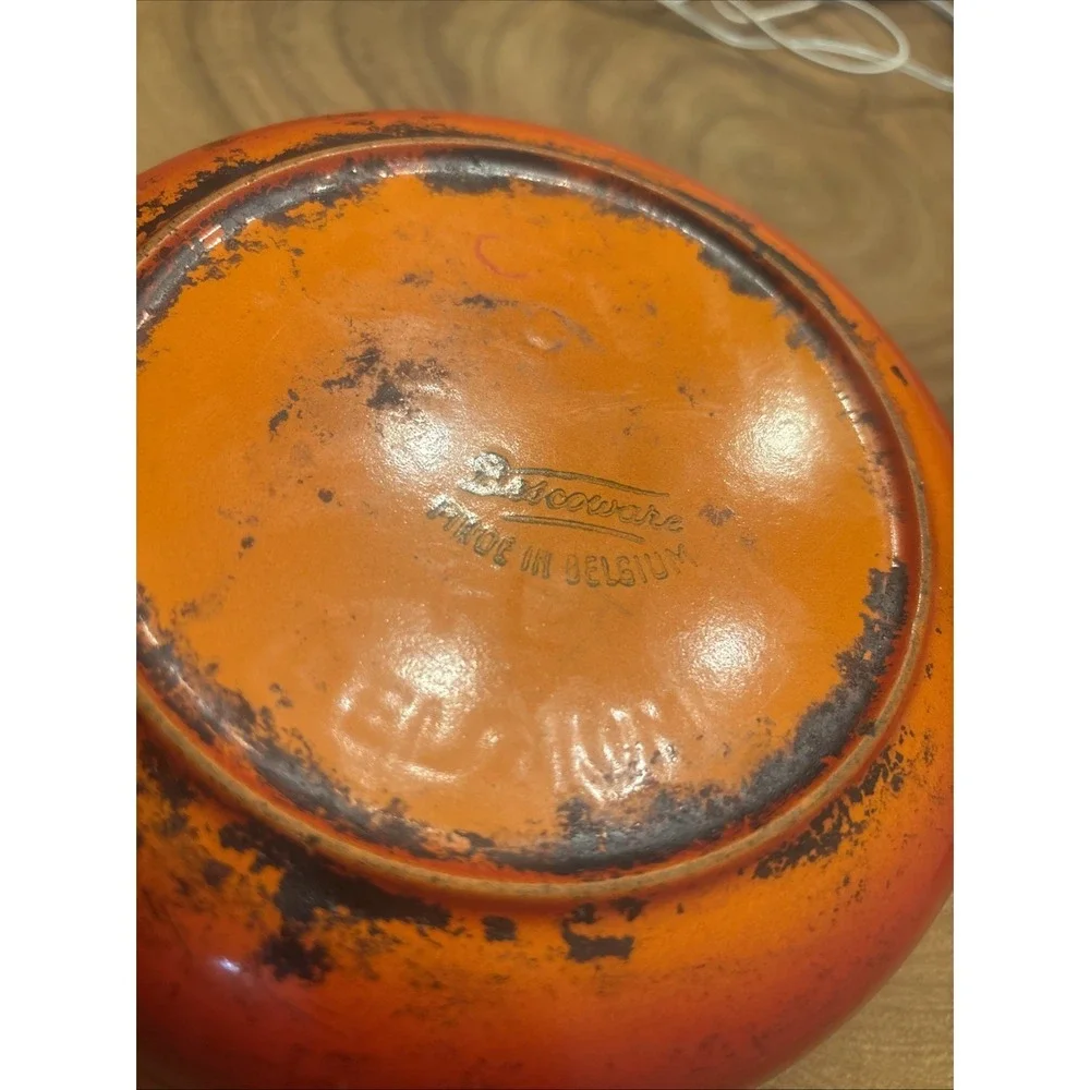 VTG 60s Descoware Flame Orange Enamel Cast Iron Dutch Oven FE 22-C Belgium 22cm